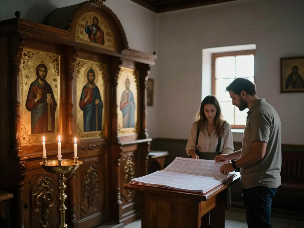 Inside a village church, a couple from behind looks at a calendar near lit candles and a wooden iconostasis.