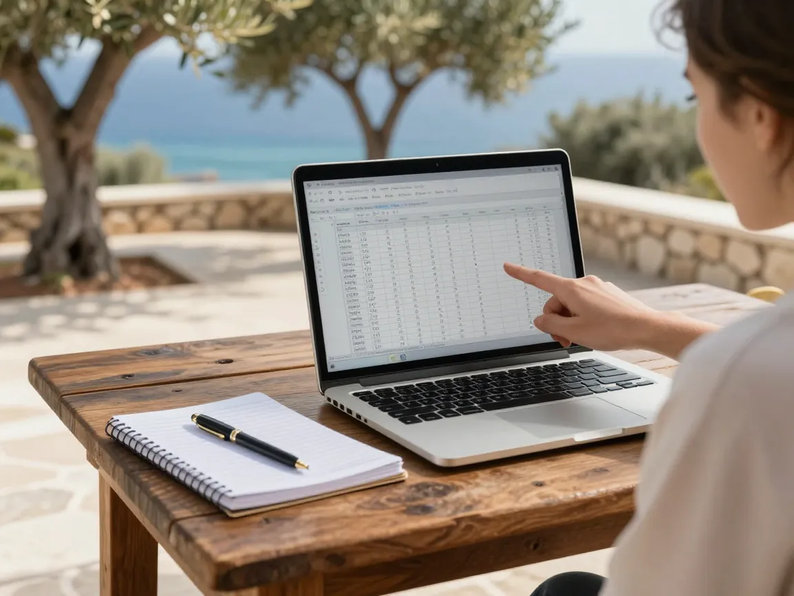 A rustic table with a laptop showing a spreadsheet, a notebook, and a pen, with a person pointing at the screen.