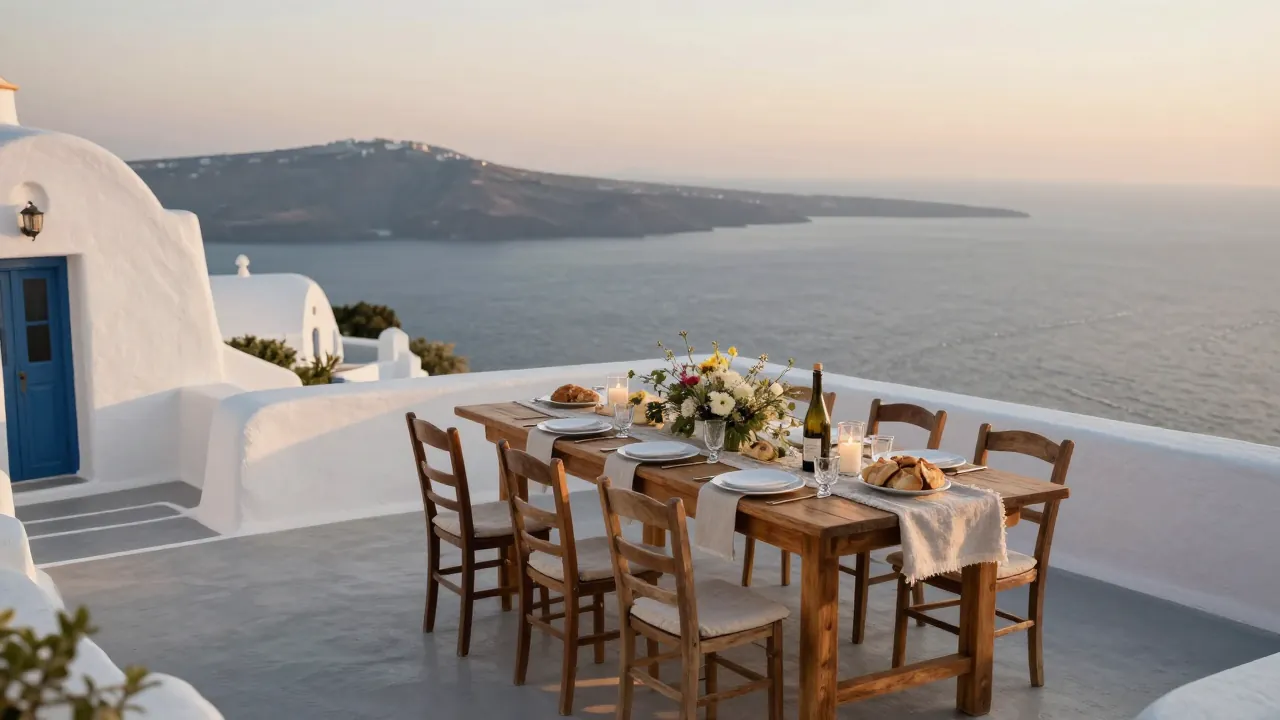 Whitewashed terrace with a long table set for a small wedding feast overlooking the Aegean at sunset.