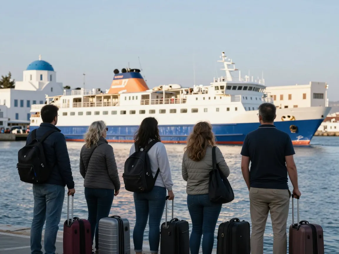 Επιβάτες με αποσκευές σε λιμάνι ελληνικού νησιού βλέπουν φέρι να φτάνει, με ασβεστωμένα κτίρια στο βάθος.