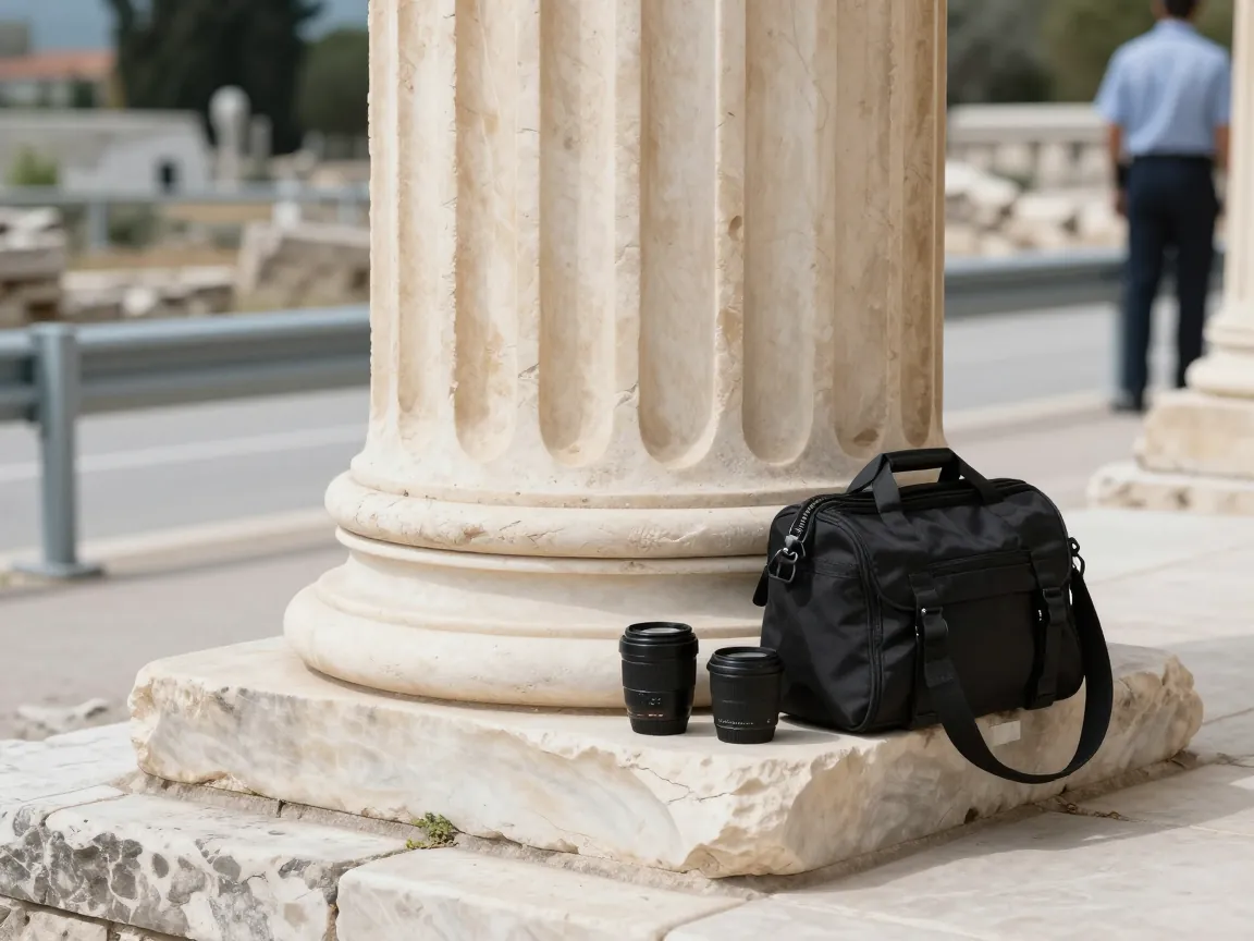 Μια τσάντα φωτογραφικής και φακοί ακουμπούν σε αρχαίο μάρμαρο, με θολό κιγκλίδωμα στο βάθος.