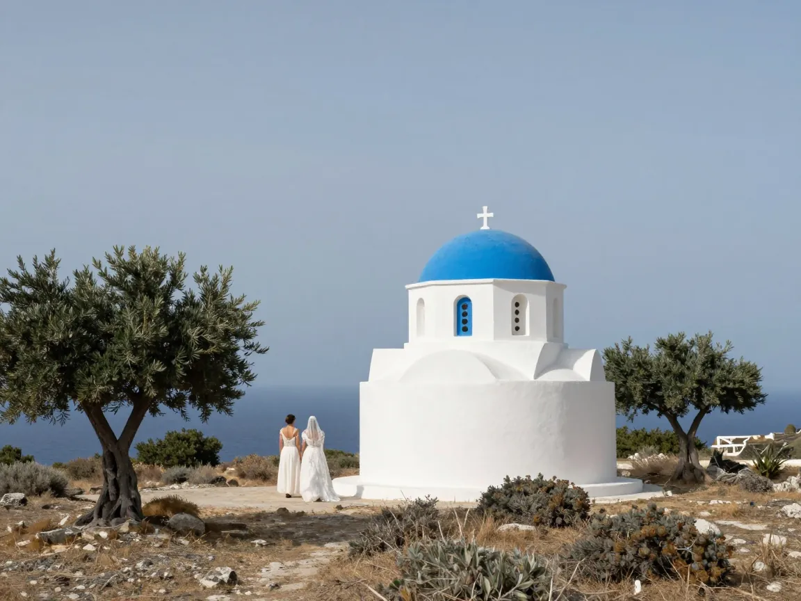 Ένα ασπρισμένο εκκλησάκι με γαλάζιο τρούλο πάνω από τη θάλασσα, με ένα ζευγάρι να πλησιάζει από μακριά.