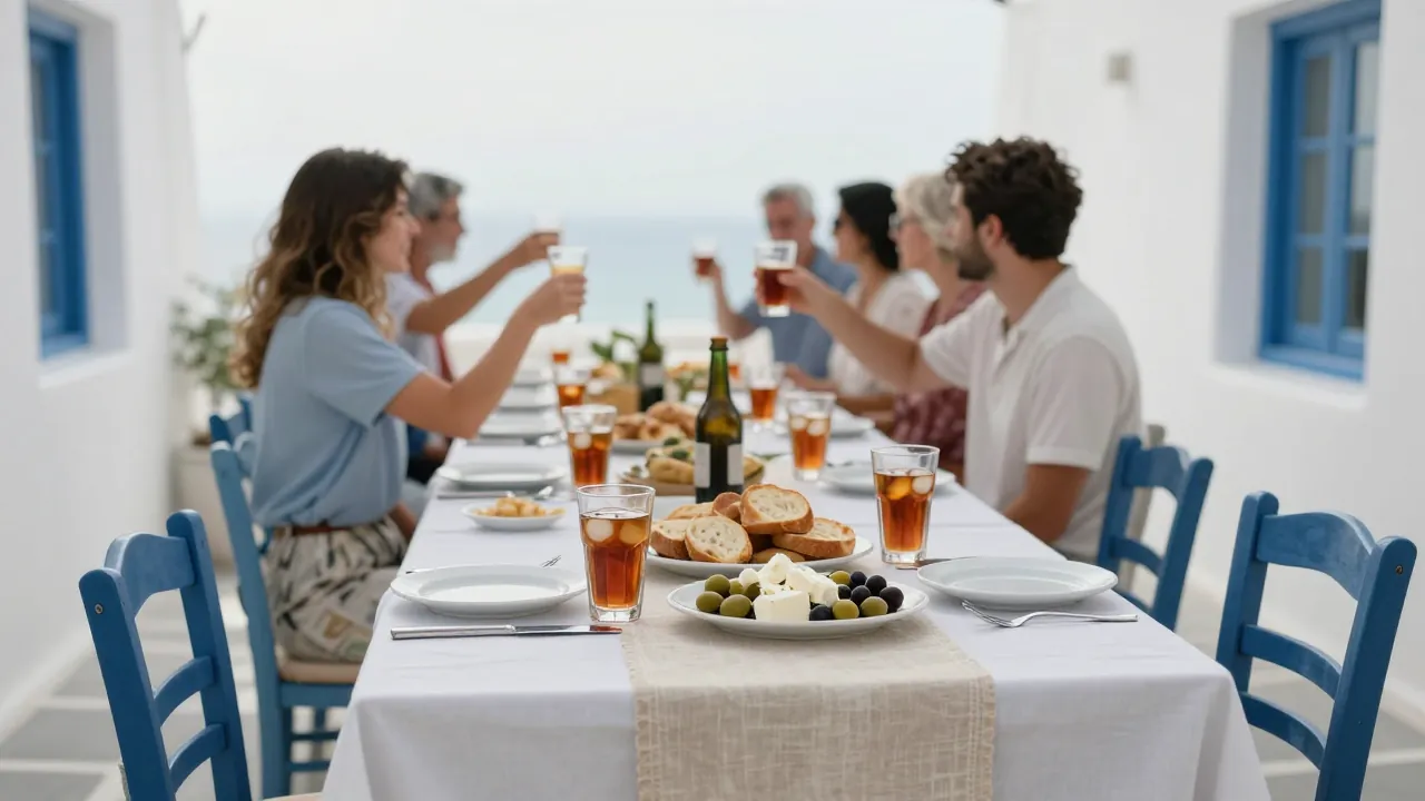 A long brunch table on a sunlit Cycladic terrace with bread, olives, and iced tea, guests seated from behind.