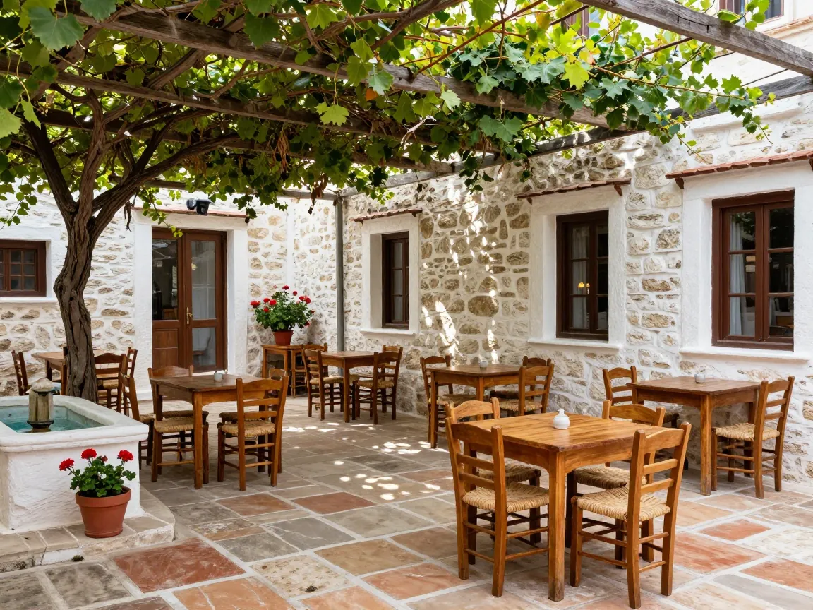 A tranquil stone courtyard taverna with vine shade, wooden tables, and geraniums under morning light.