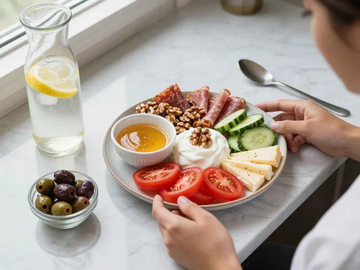 Overhead view of a Greek brunch spread with yogurt, honey, tomatoes, olives, and cold cuts on marble.