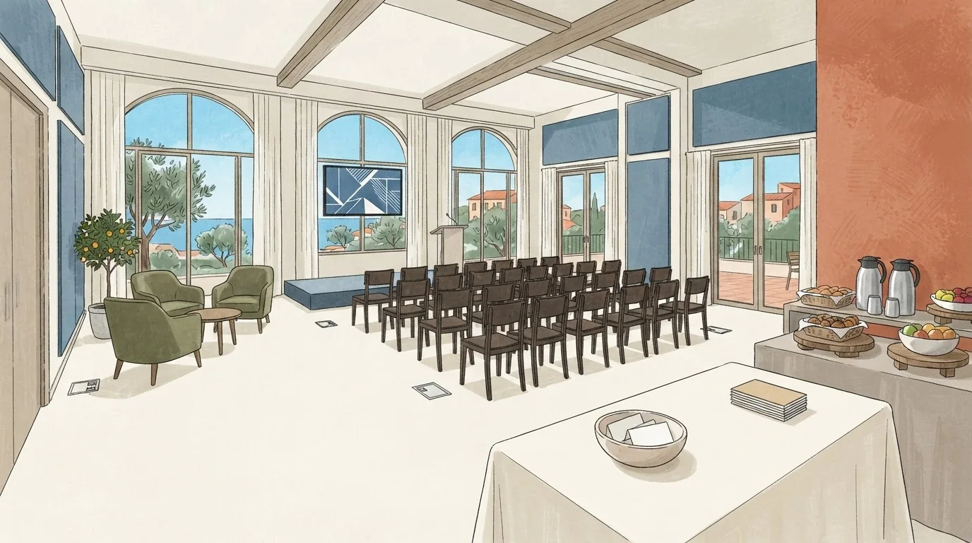 Illustrated venue setting: A press breakfast needs clear sound and a quick exit