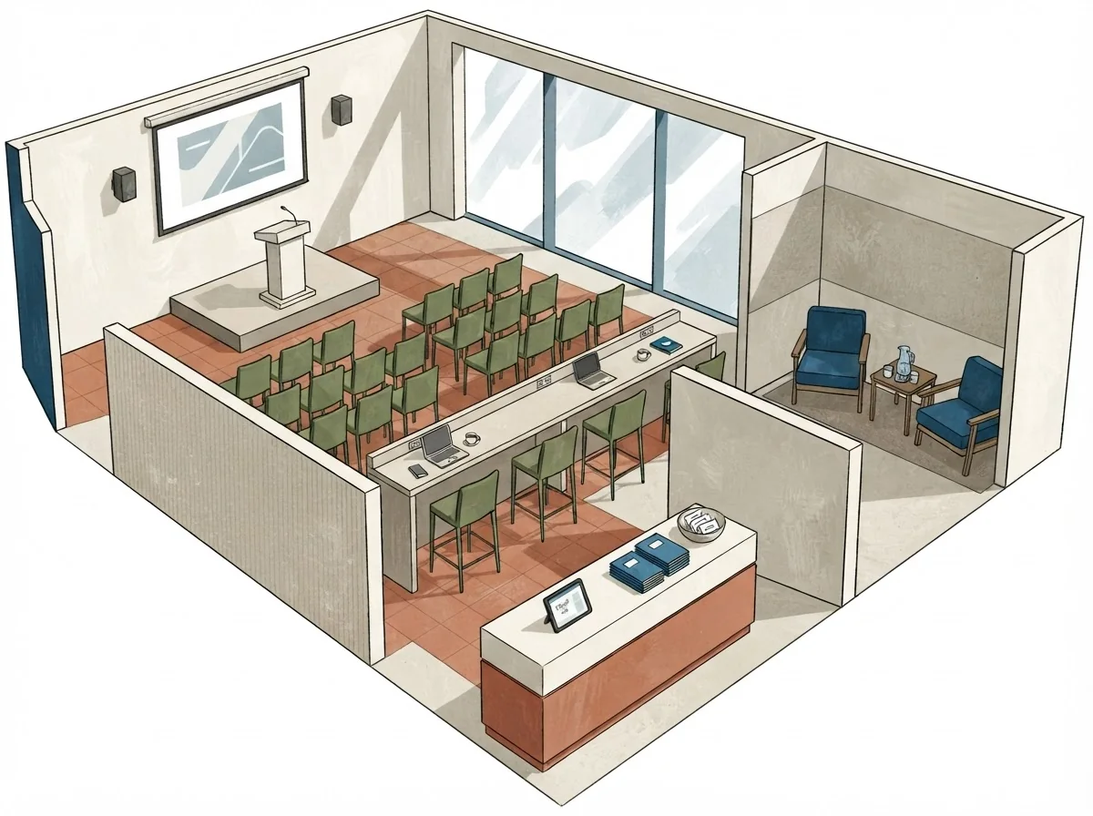 Planning illustration: A press breakfast needs clear sound and a quick exit