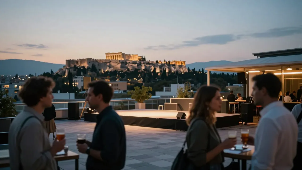 Rooftop event venue in Athens at dusk with stage lighting and blurred guests, Acropolis in the distance.