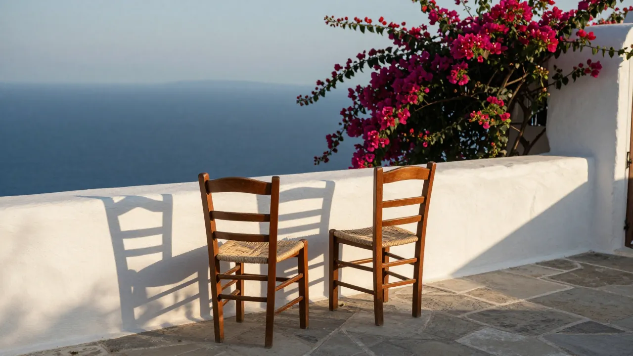 Two wooden chairs on a stone terrace overlooking the Aegean Sea, with a whitewashed wall and bougainvillea.