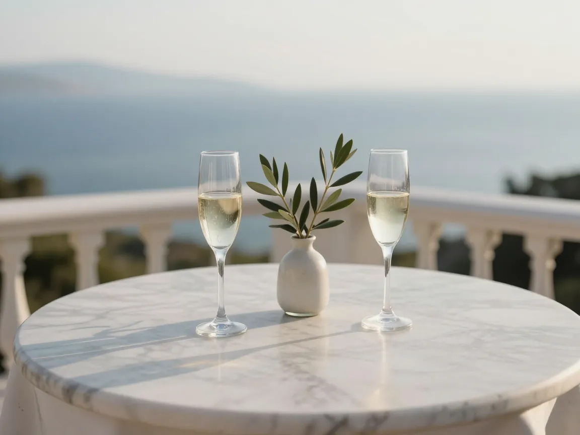 Marble table on a terrace with champagne flutes, olive branches, and sea view in the background.