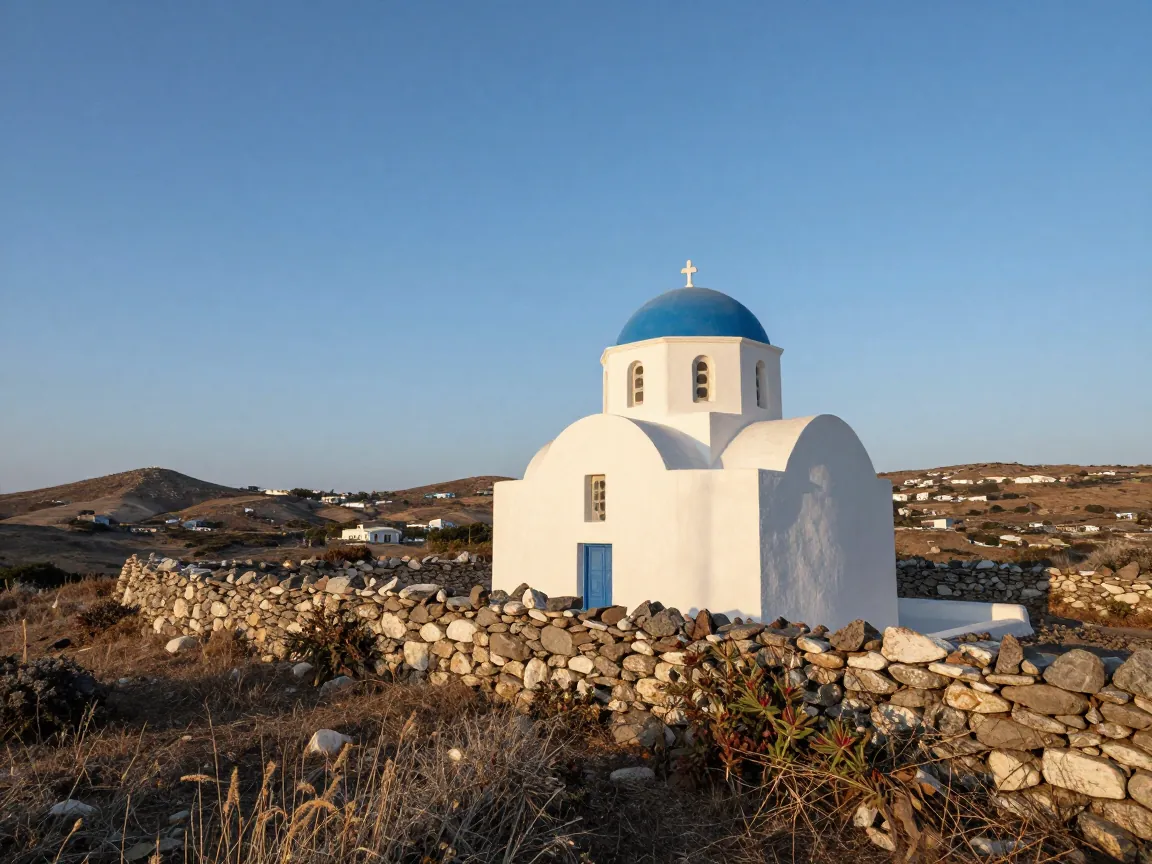 Whitewashed chapel with blue dome on a hillside in the Cyclades, surrounded by dry stone walls.