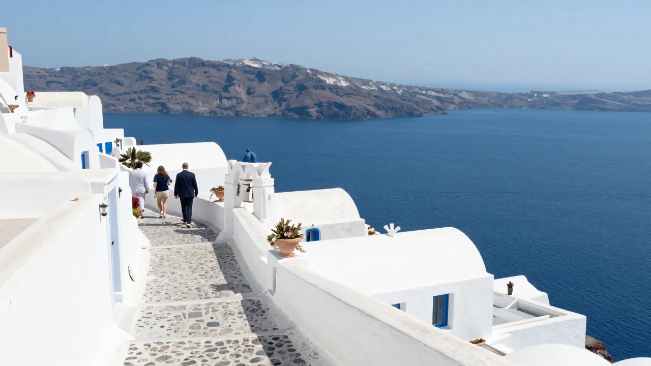 Whitewashed Cycladic village on a cliff overlooking the blue Aegean, with a stone path and distant guests.
