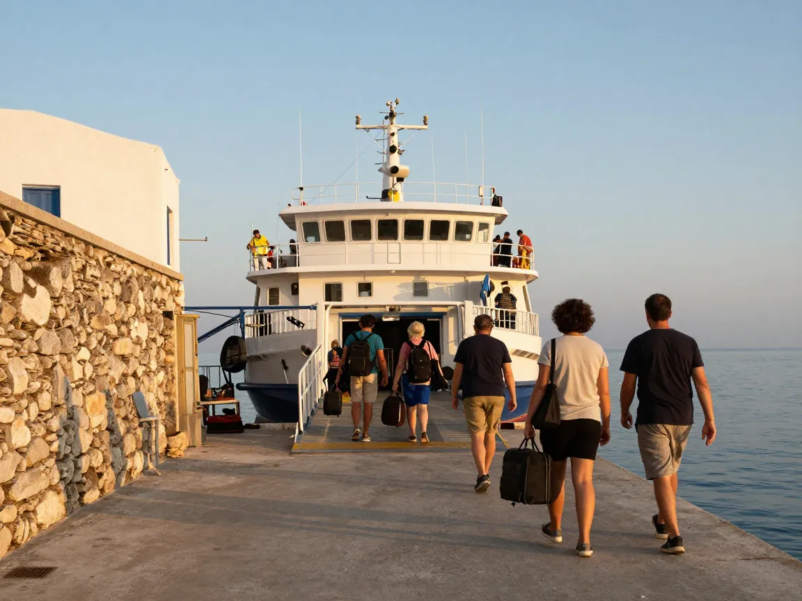 Αποβάθρα πλοίου στη χρυσή ώρα με ταξιδιώτες από πίσω να κουβαλούν αποσκευές, πέτρινος τοίχος και ασπρισμένο κτίριο.