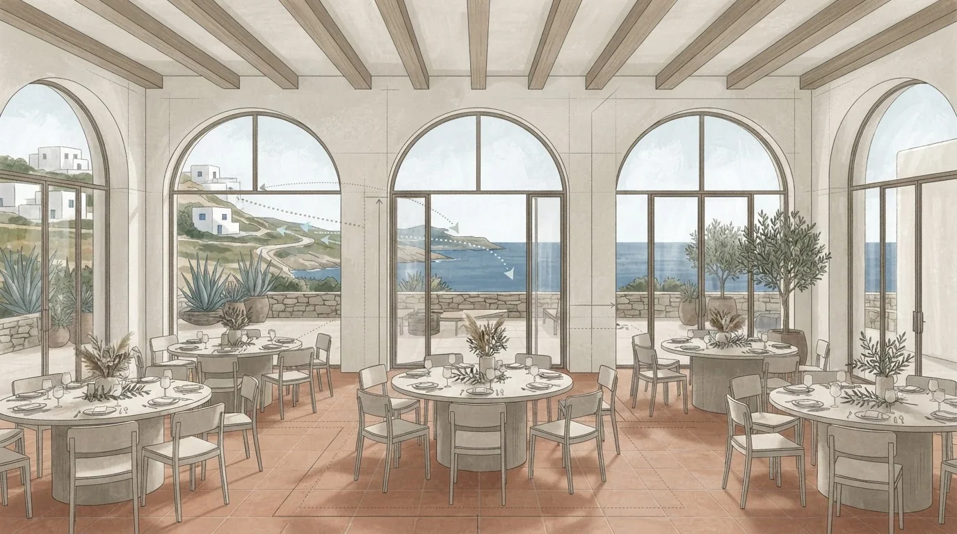 Illustrated venue setting: A Santorini wedding budget needs a transport line