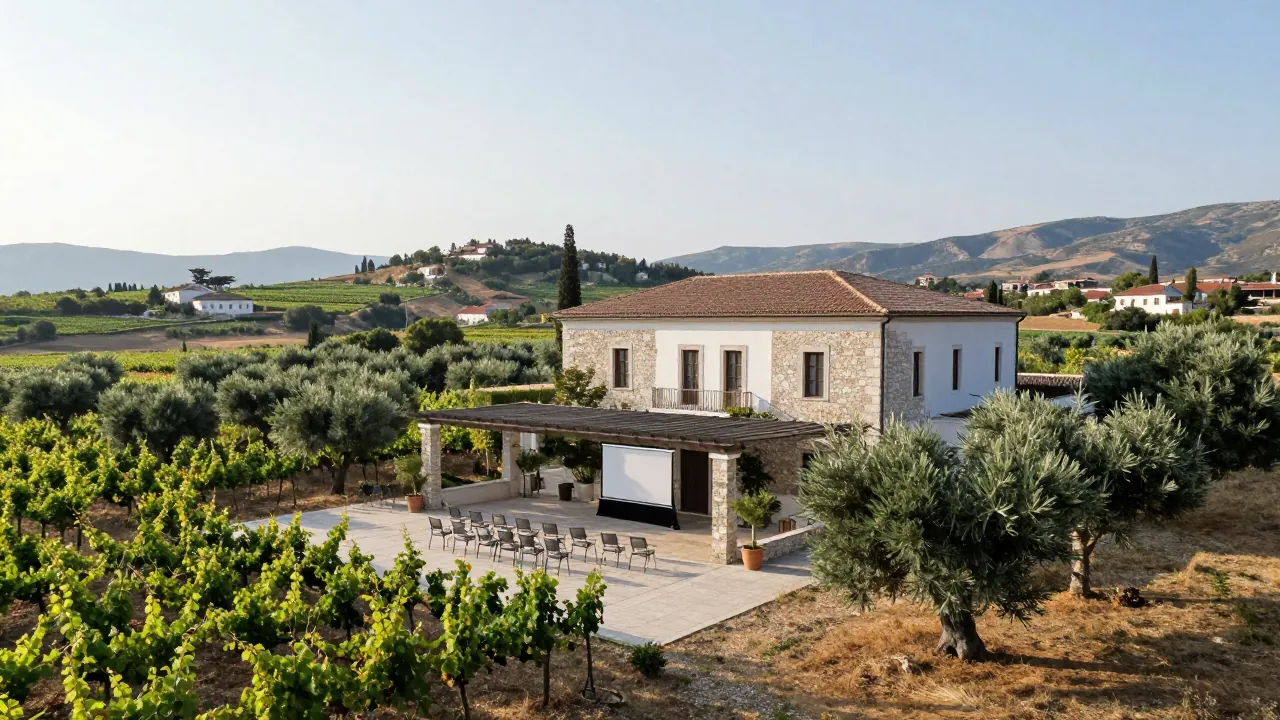 Stone estate with vineyard and olive groves in the Mesogeia plain, Attica, under morning light.