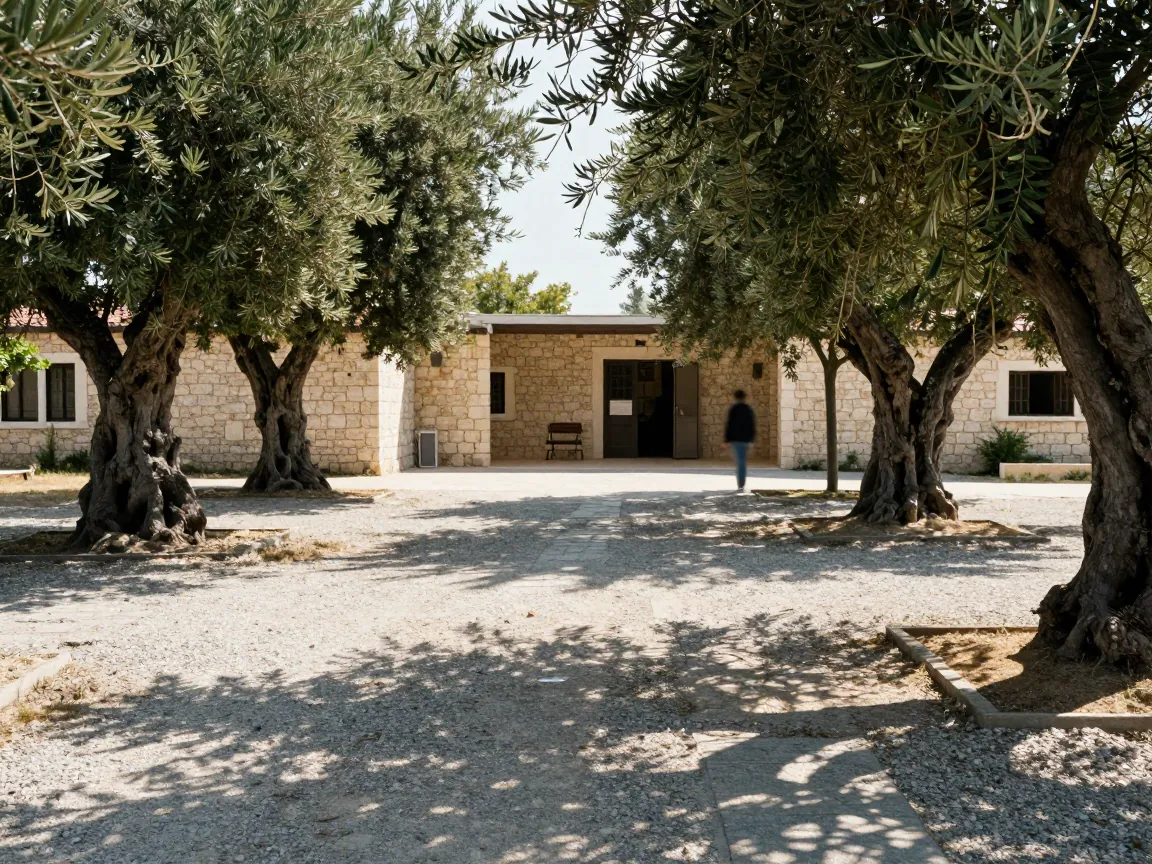 Shaded gravel parking area with olive trees beside a stone venue building in Koropi, Attica.
