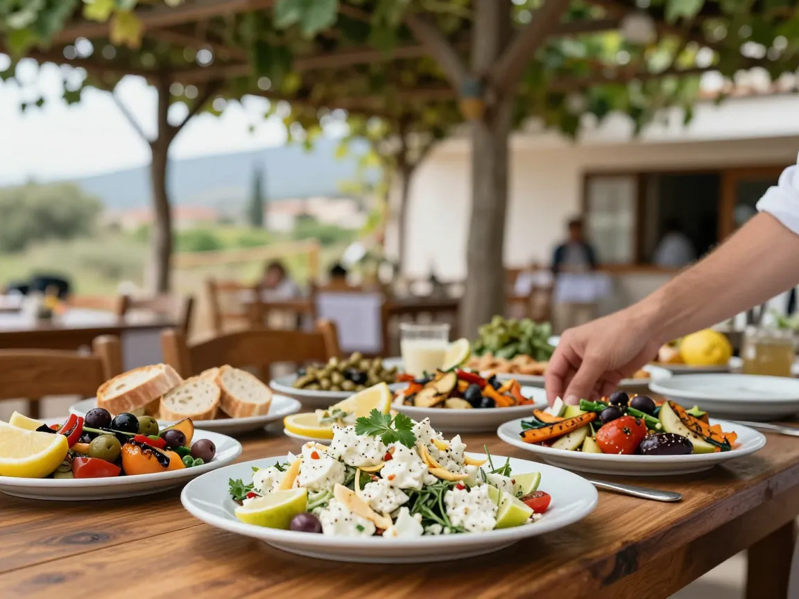 Greek buffet lunch with salads, olives and bread on a wooden table under a vine pergola in Paiania.