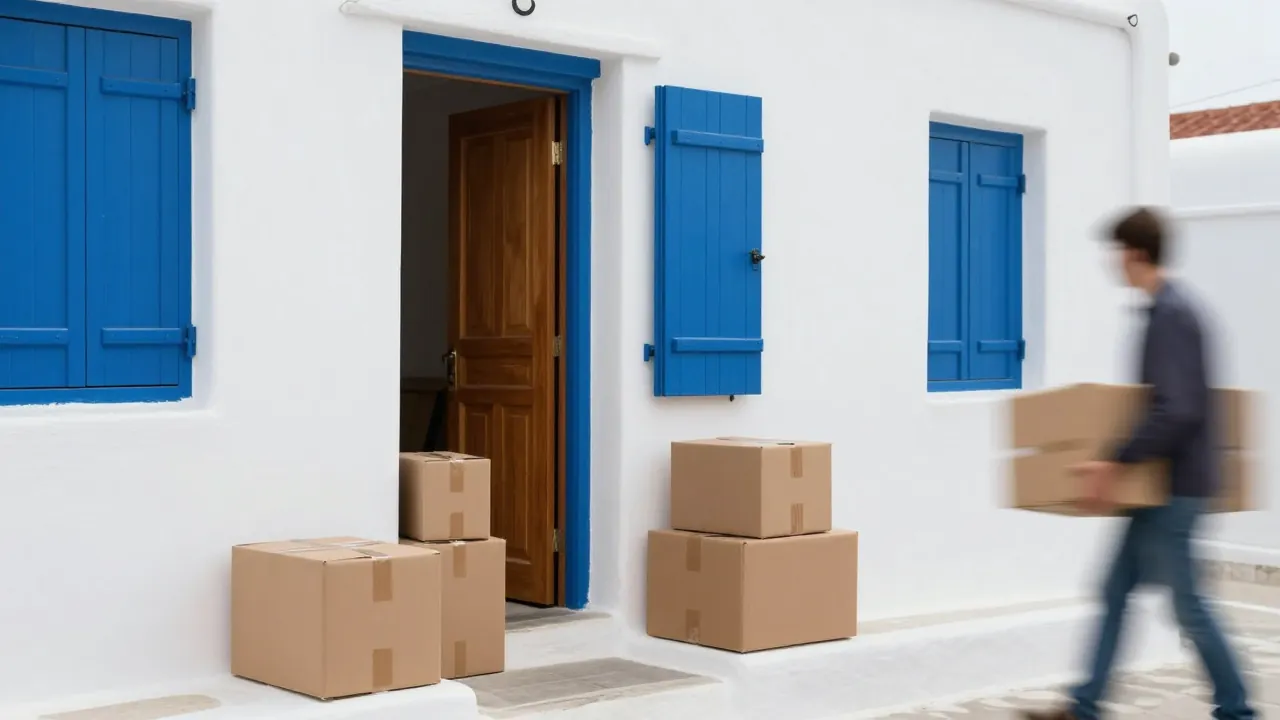 Stacked shipping boxes and crates outside a whitewashed Cycladic building with blue shutters.