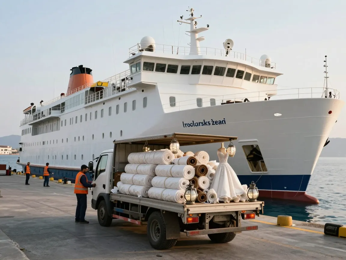 Ferry dock with a truck being loaded with wedding decorations and supplies.