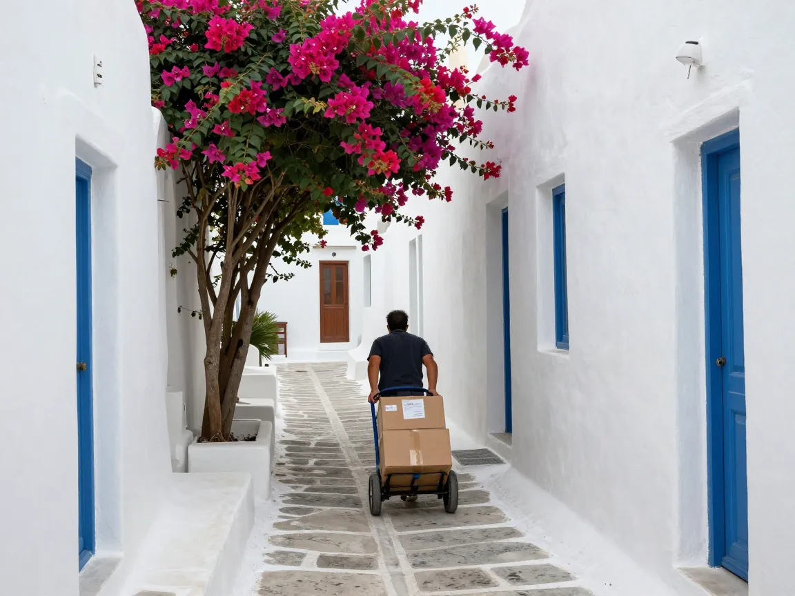 Person pushing a hand truck with boxes down a narrow whitewashed alley in a Greek village.