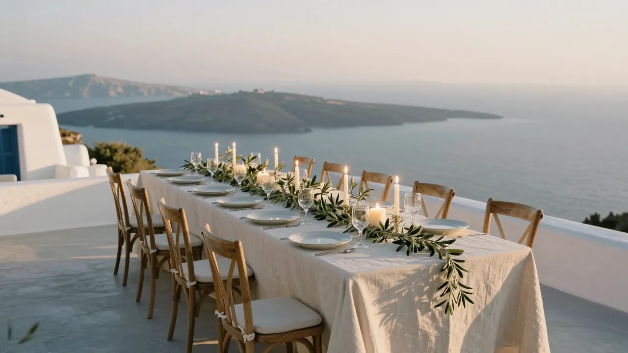 Long candlelit table set for forty guests on a whitewashed Cycladic terrace overlooking the sea at sunset.