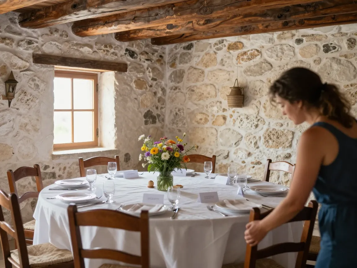 Woman from behind adjusting a chair at a round table for eight inside a rustic Cretan stone building.