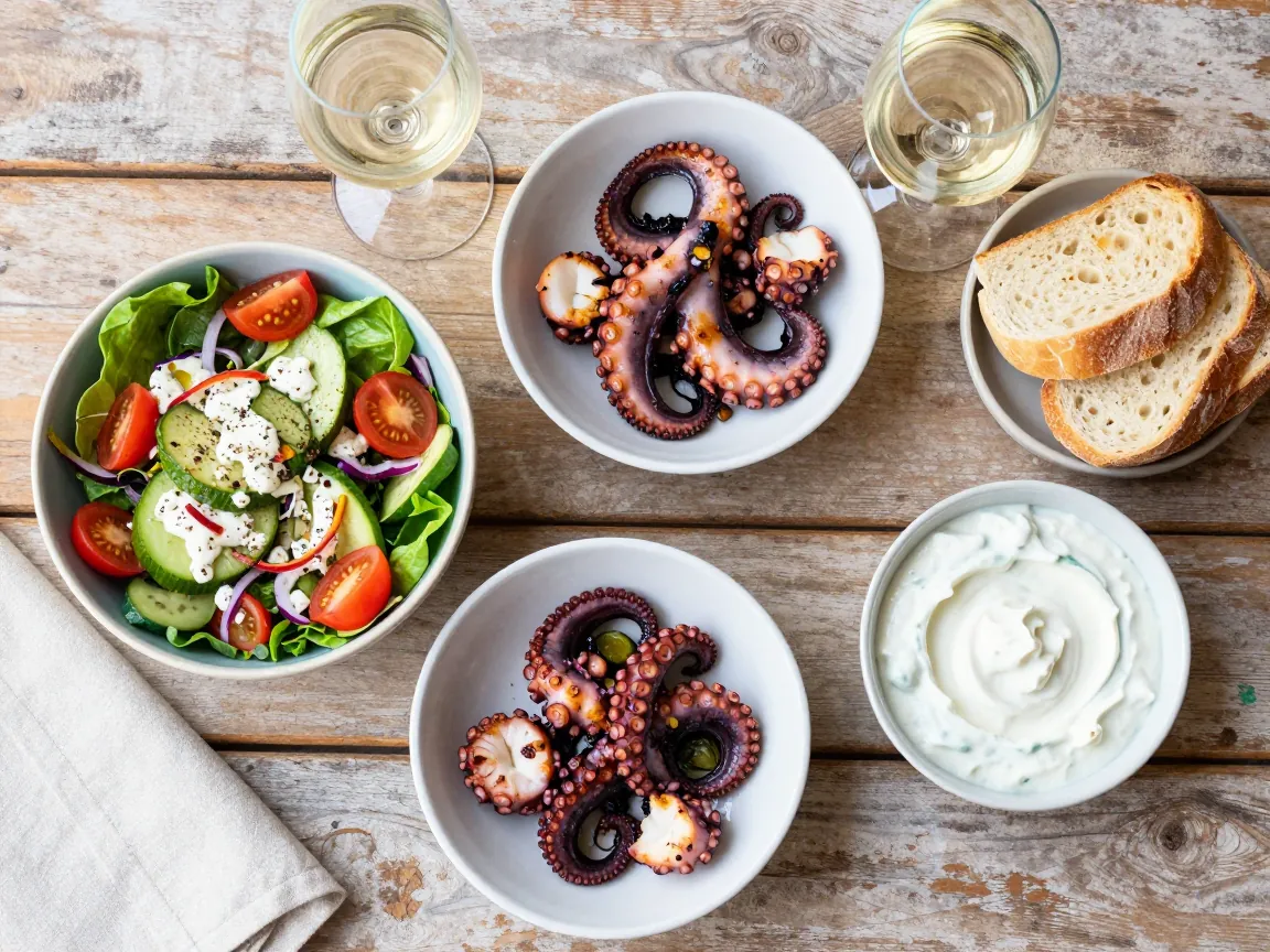 Overhead view of a Greek lunch spread with horiatiki salad, grilled octopus, tzatziki, bread, and white wine on a wooden table.