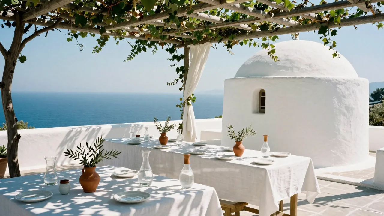 Whitewashed chapel terrace with a shaded long table set for a summer baptism reception overlooking the Aegean.