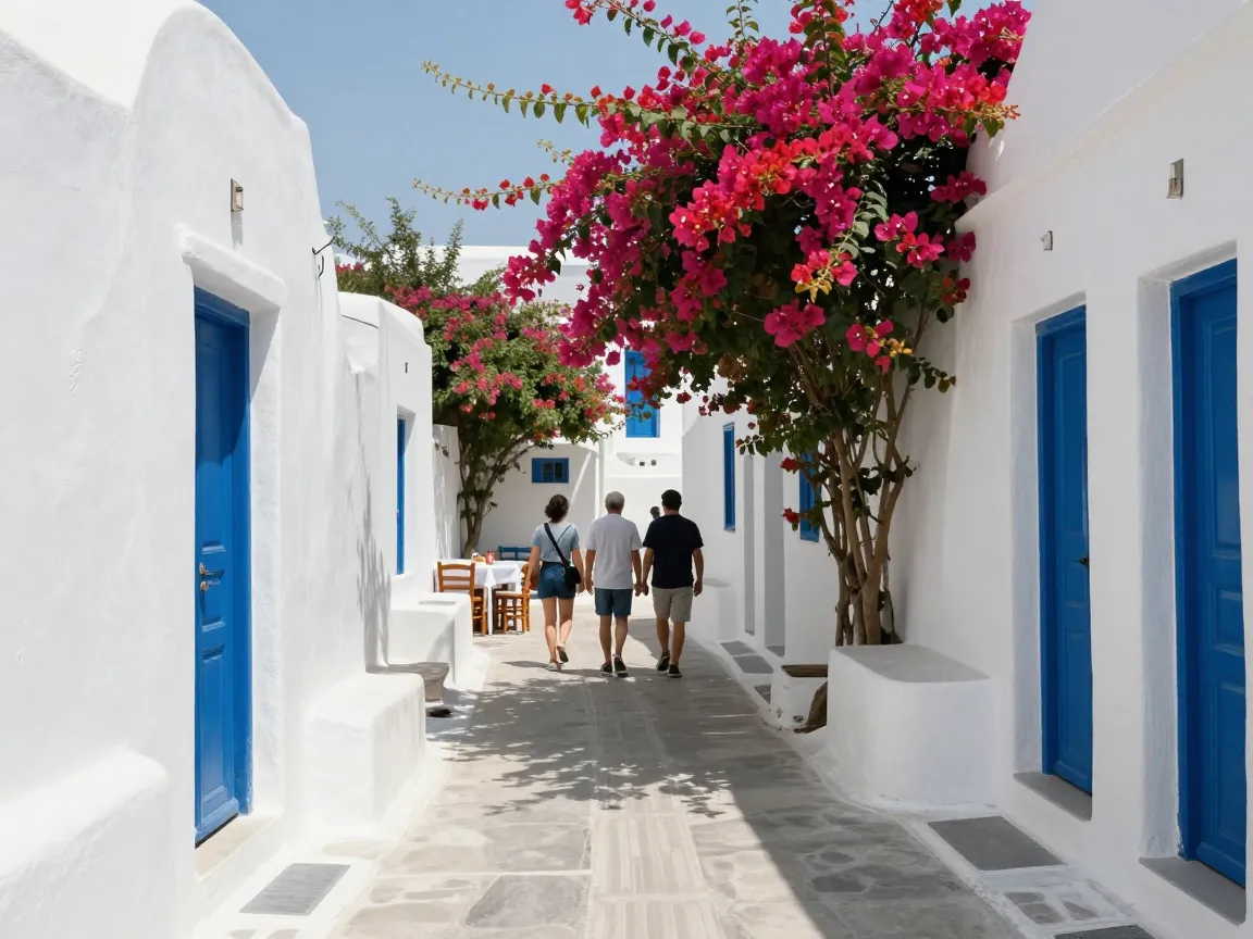 Wedding guests walking from behind down a whitewashed island lane toward a shaded courtyard with tables.
