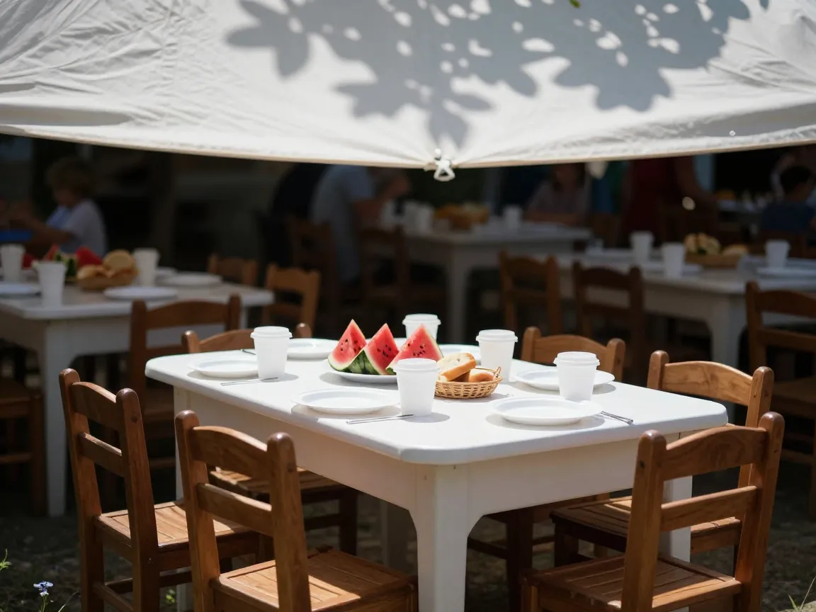 Low children's table in shade with small chairs, watermelon, bread and cups, adult tables blurred behind.