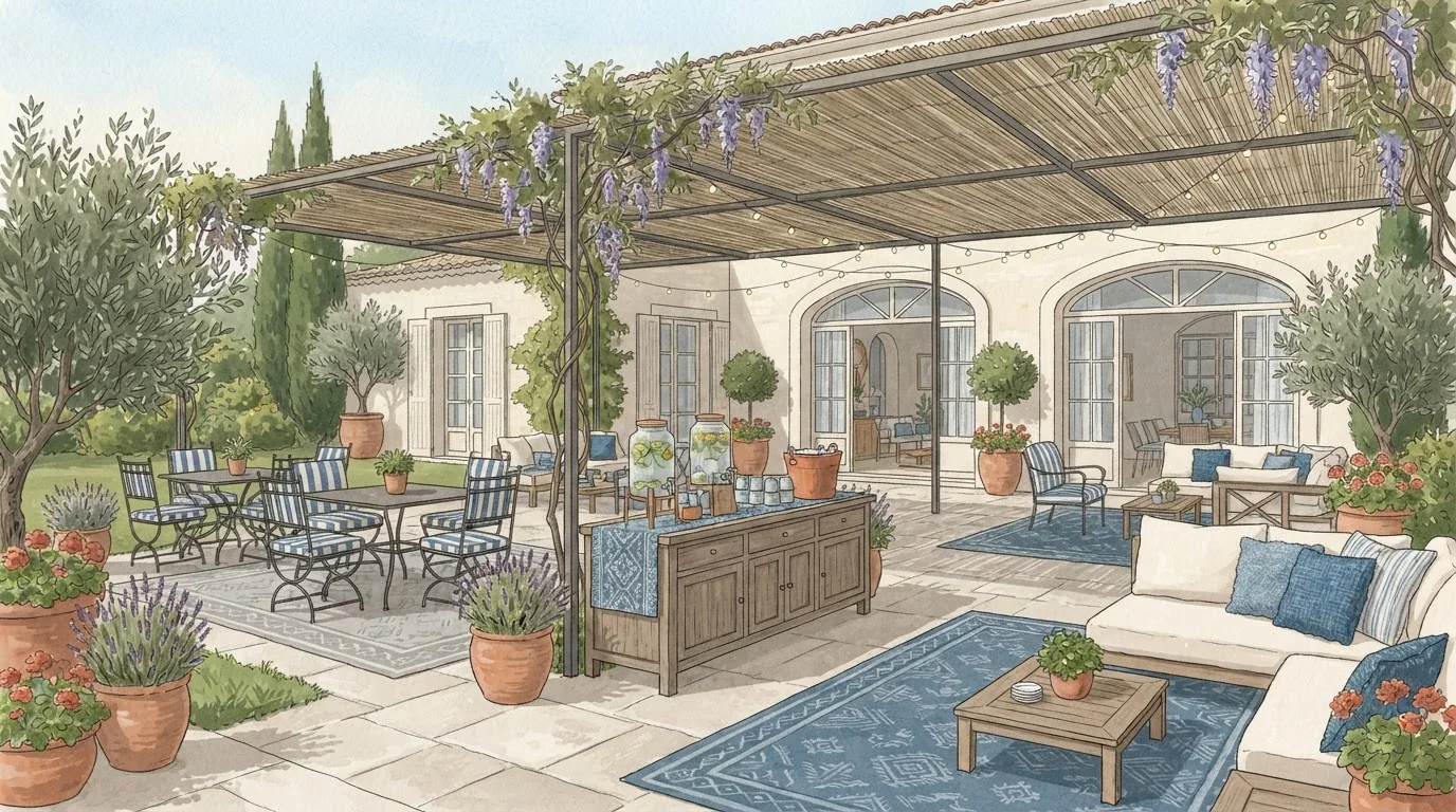 Illustrated venue setting: A summer company party needs shade before styling