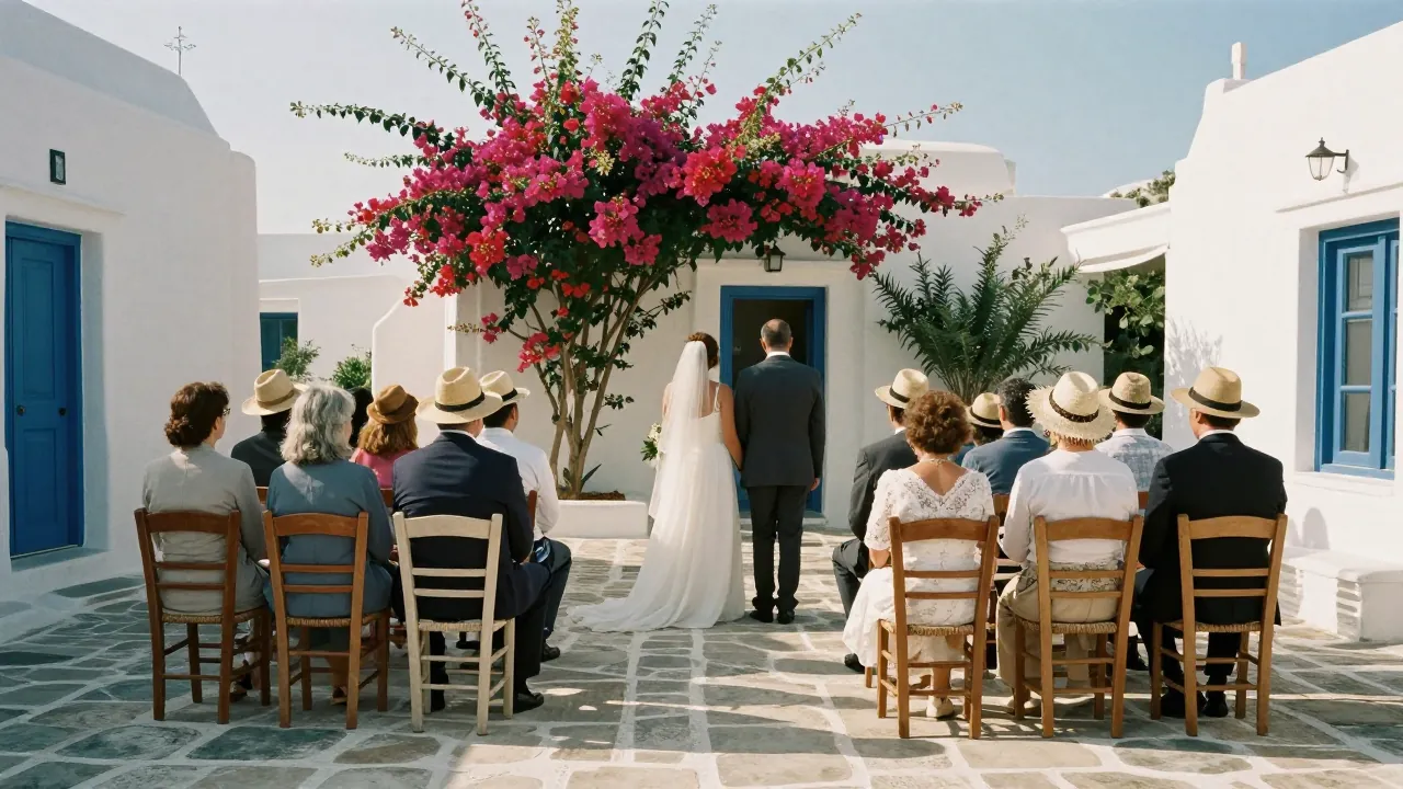 Guests seated from behind in a whitewashed Cycladic courtyard before a late afternoon wedding ceremony.