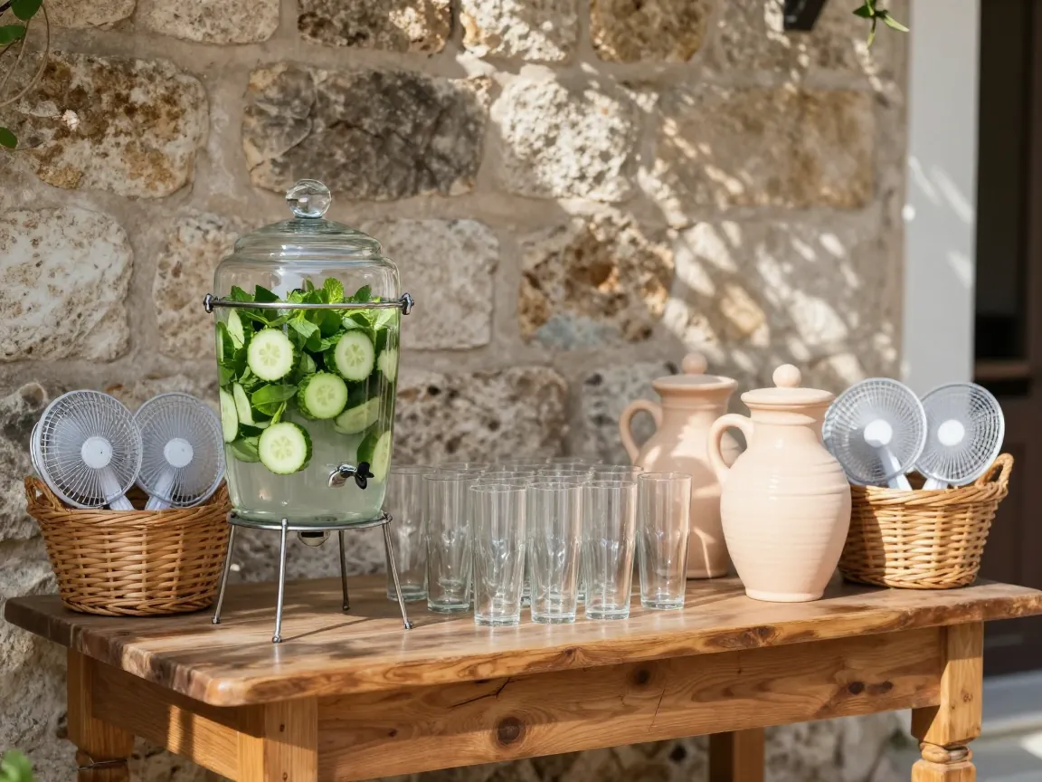 Σταθμός νερού με αγγούρι και μέντα, ποτήρια και κεραμικές κανάτες σε ξύλινο τραπέζι σε ελληνικό υπαίθριο γάμο.