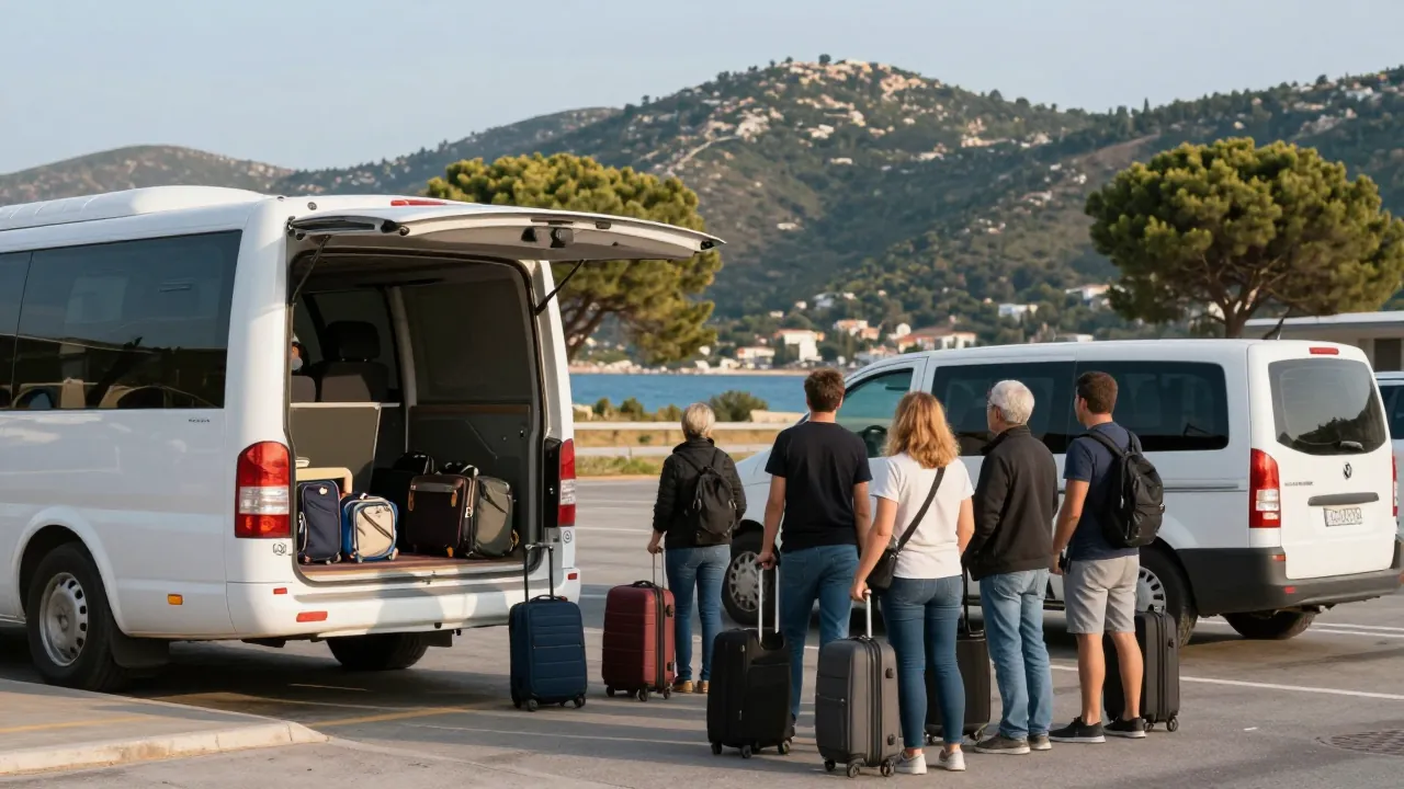 Group with luggage outside airport terminal, coach and minivan waiting, pine hills and sea beyond.