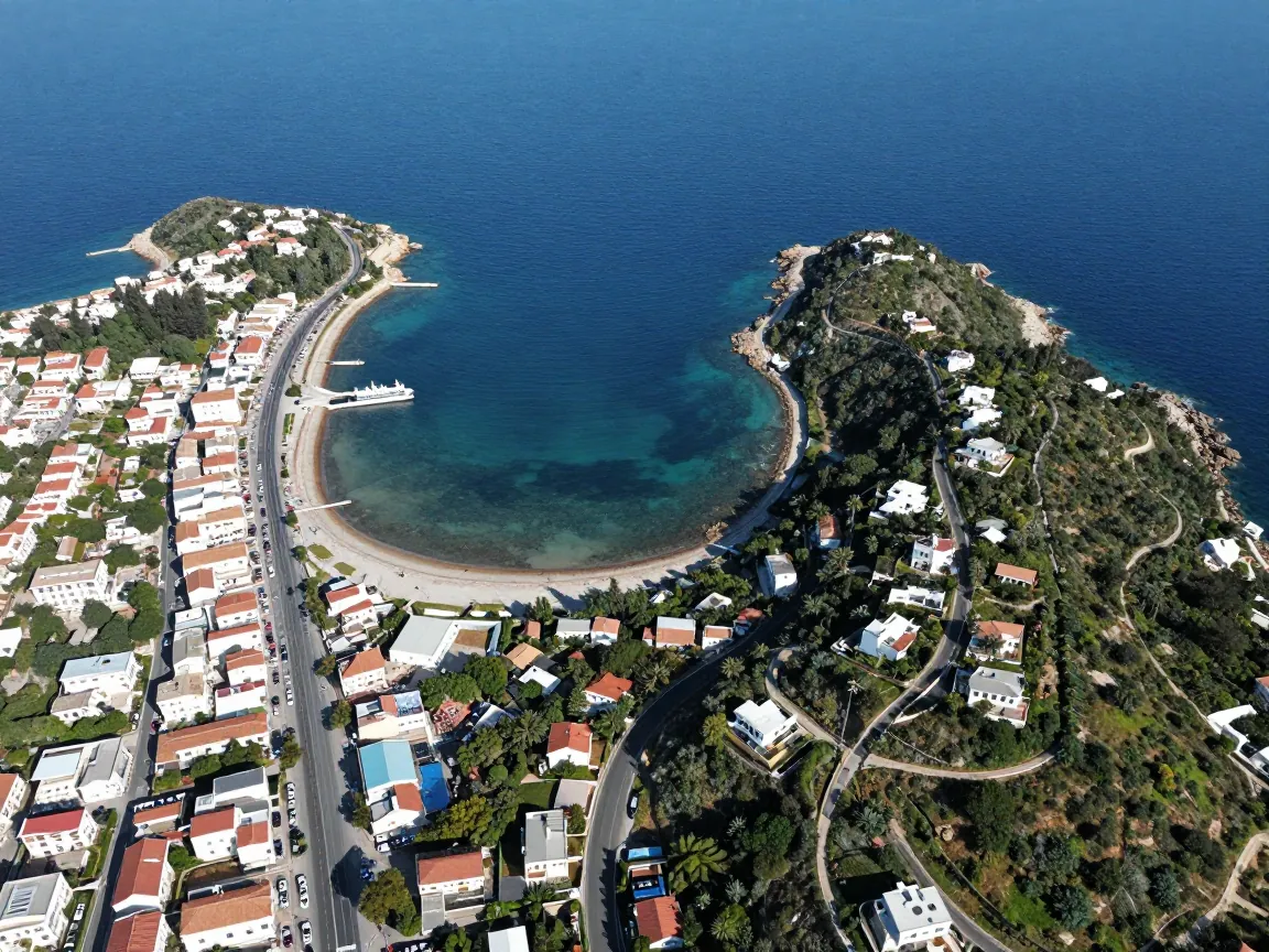 Two peninsulas seen from above: one developed with main road, the other greener and quieter, separated by blue sea.