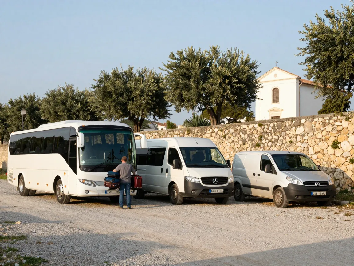 Coach, minibus, and minivan parked by stone wall and olive trees, driver loading suitcases, white chapel in distance.