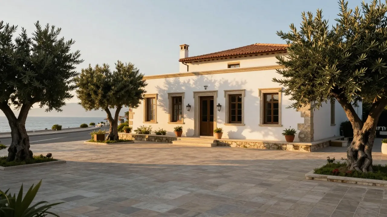 Courtyard of a stone wedding estate on the edge of Thessaloniki at golden hour, olive trees and a road leading to the sea.