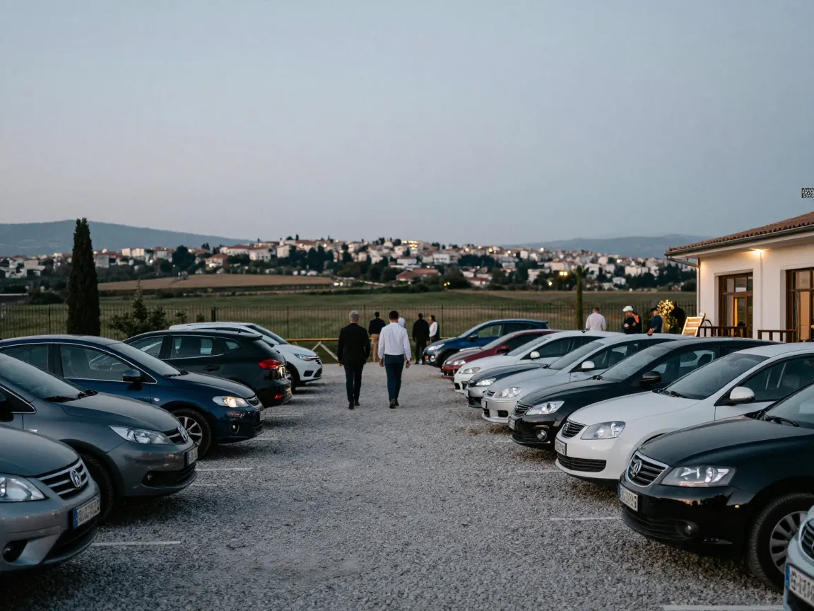 Guests from behind walking from a gravel car park toward a wedding venue near Thessaloniki at dusk, with city outskirts beyond.