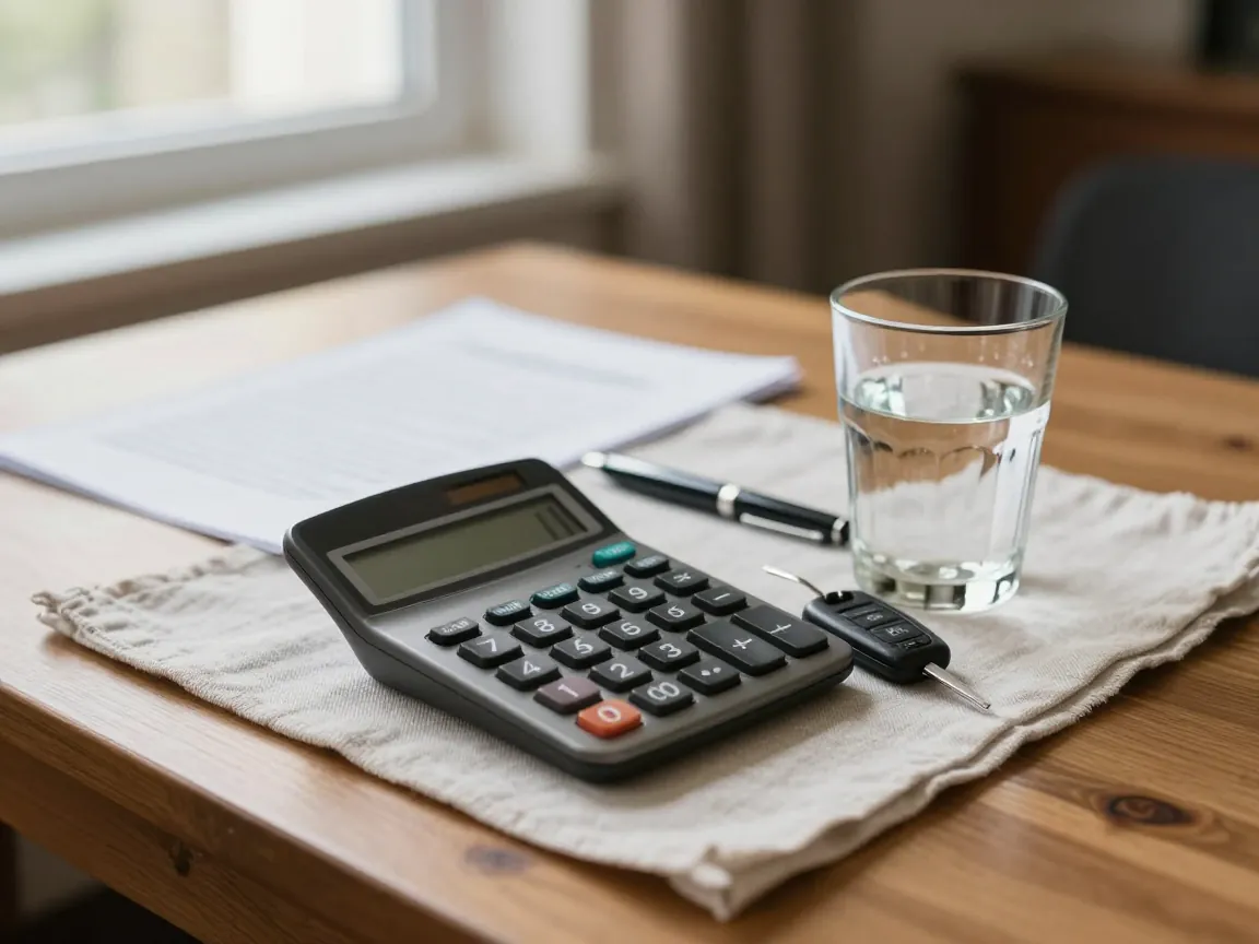 Close-up of a table with calculator, car key, pen, and water glass in a wedding venue office, symbolizing planning and costs.