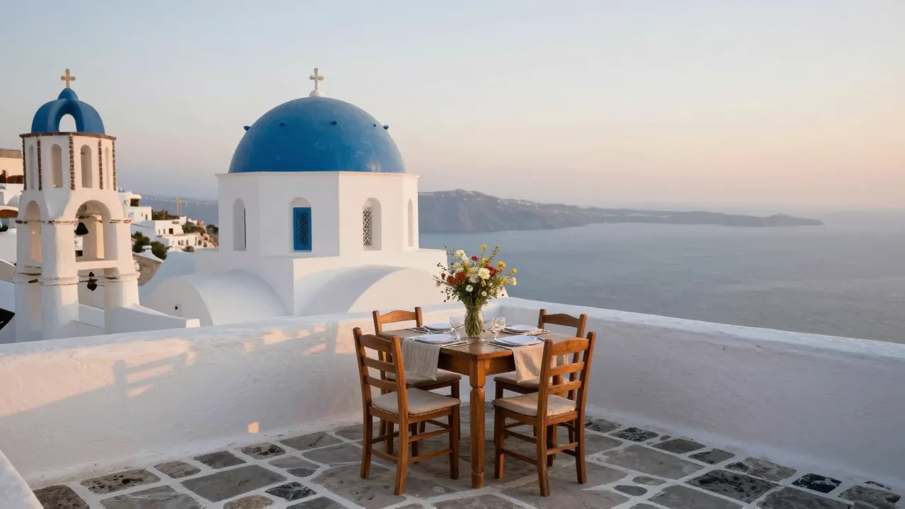A whitewashed terrace with a table for two overlooking the Aegean Sea at sunset.