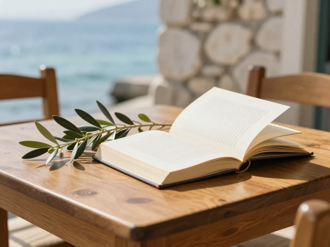 A wooden table with an open book and olive branches near a seaside taverna in the Ionian islands.