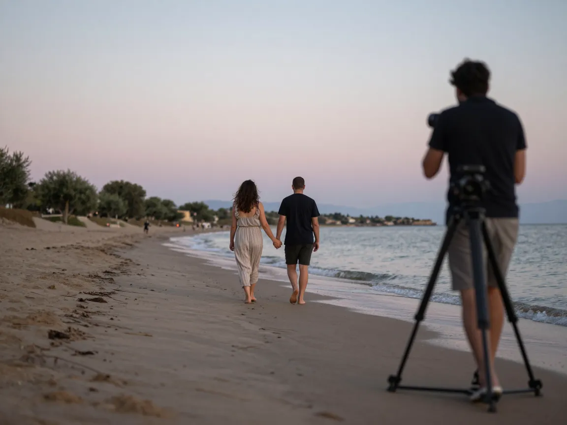 A couple from behind walking on a Cretan beach at dusk with a photographer out of focus.