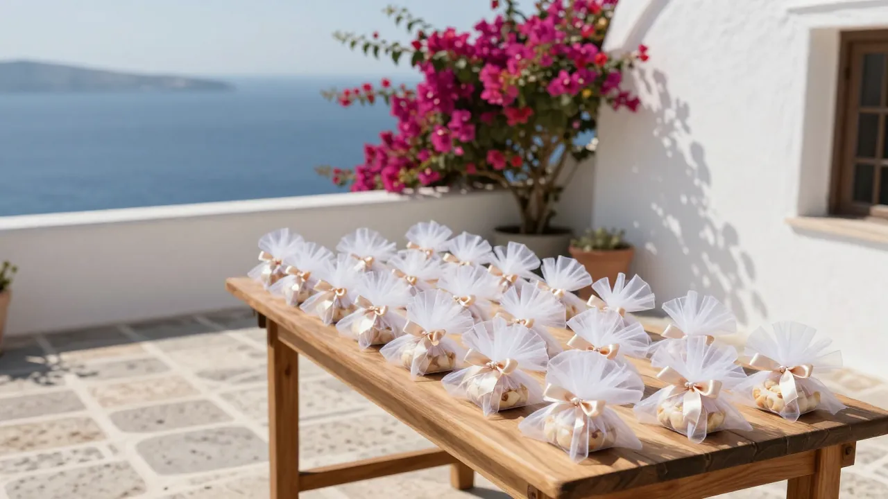 Small wedding favours wrapped in tulle arranged on a wooden table on a sunny terrace overlooking the sea.
