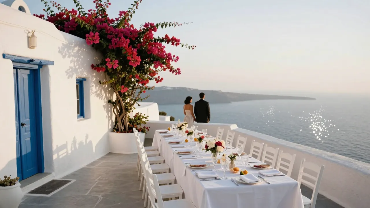 A Cycladic wedding terrace with whitewashed walls and a long table overlooking the Aegean Sea at sunset.