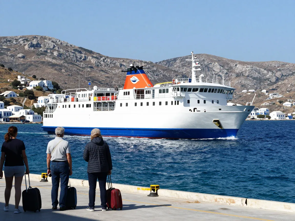 A Greek island ferry approaching a dock with passengers carrying luggage in the foreground.