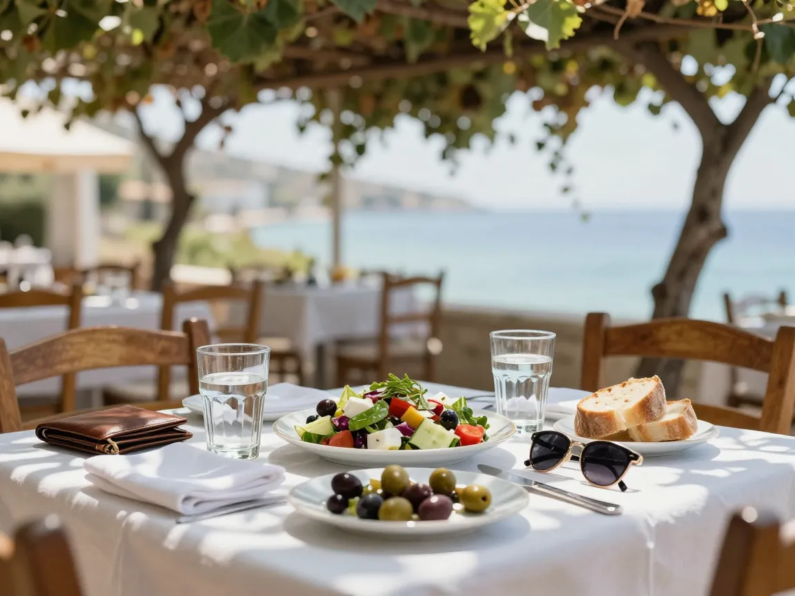 A Greek table with salad, olives, bread, a wallet and sunglasses under a vine-covered pergola.