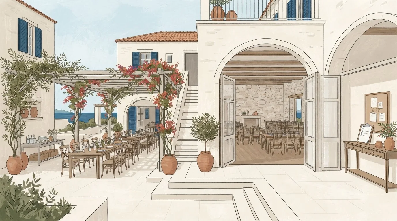 Illustrated venue setting: What a Greece wedding package actually includes