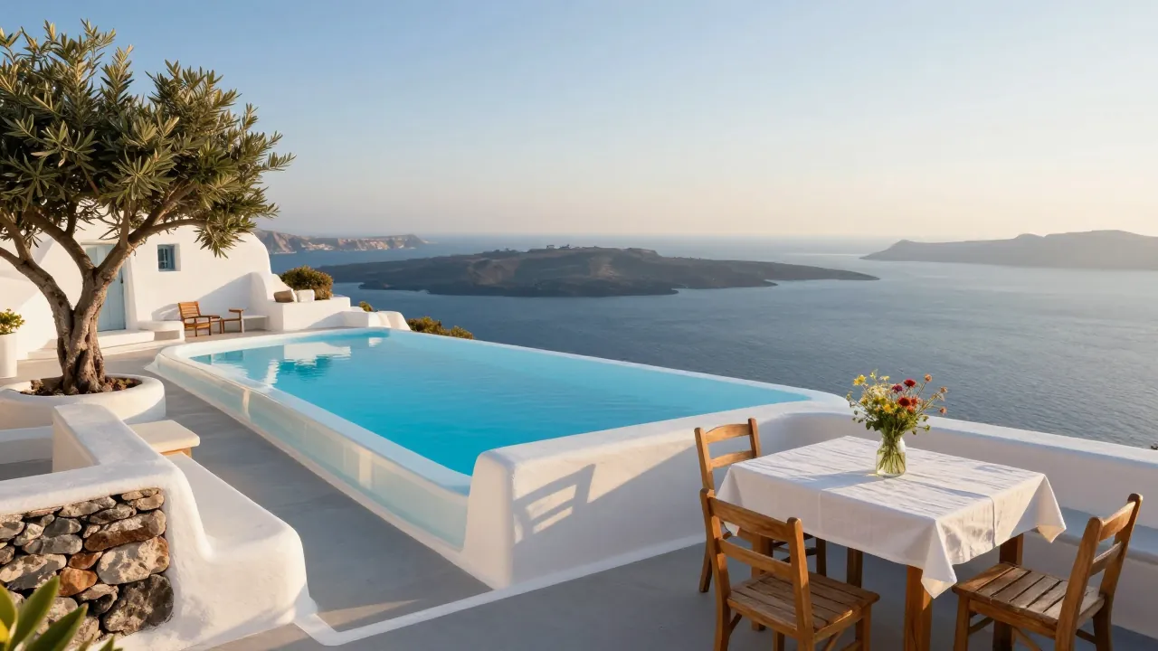 Whitewashed Cycladic villa terrace with an infinity pool overlooking the Aegean at sunset.