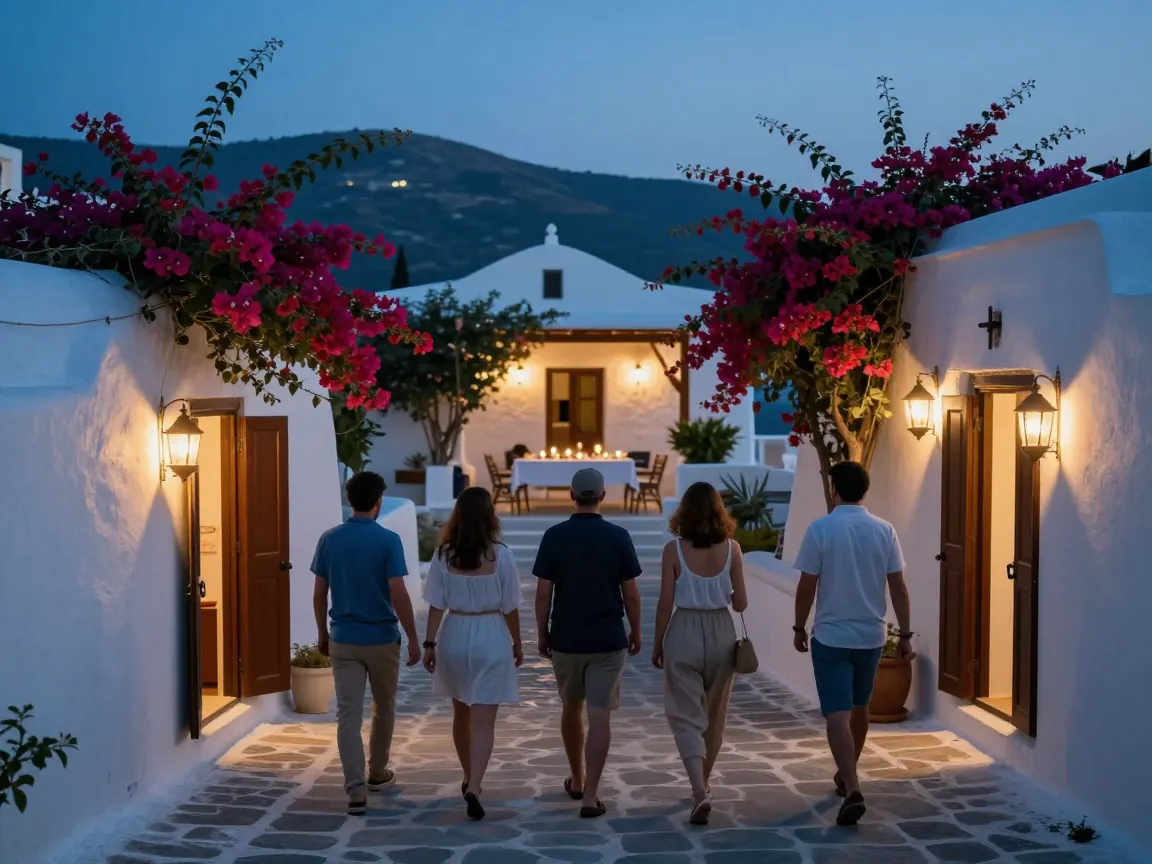 Καλεσμένοι από πίσω περπατούν σε λιθόστρωτο δρόμο ελληνικού χωριού προς φωτισμένη αυλή βίλας.