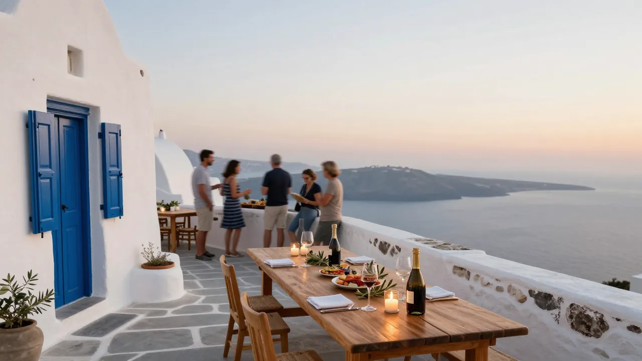 Golden-hour Cycladic terrace with a set welcome-party table and distant guests by the sea wall